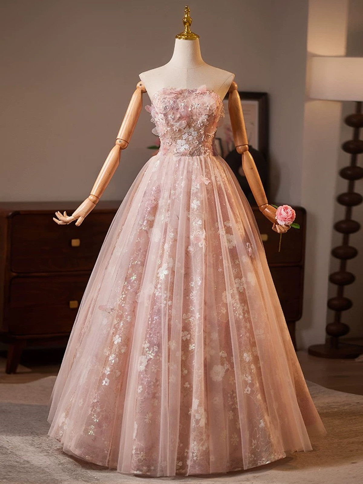 A-line Pink Tulle with Lace Floor Length Party Dress, Pink Lace Prom Dress with Cape