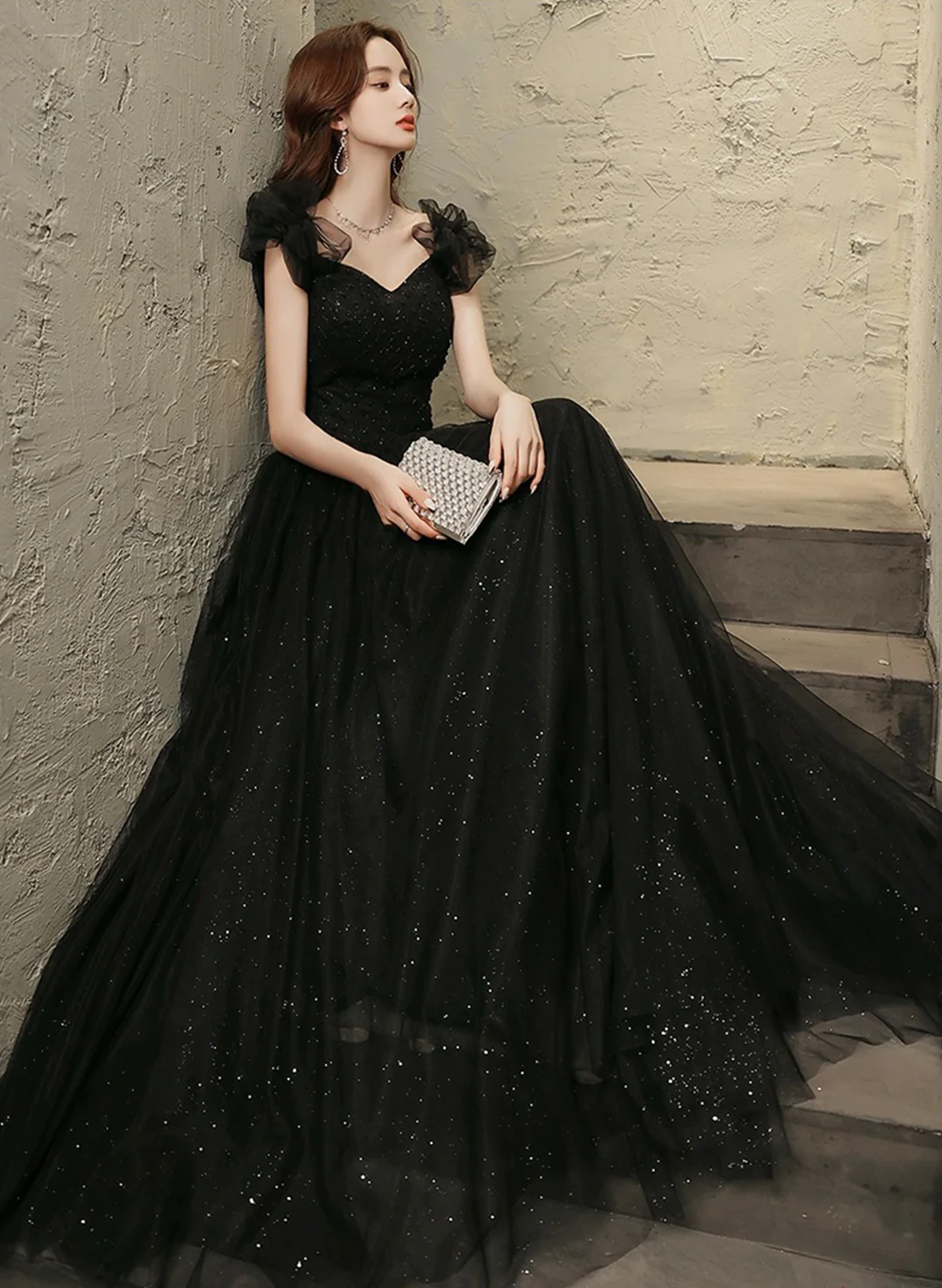 Black Tulle Beaded A-line Long Prom Dress, Short Sleeves  Party Dress
