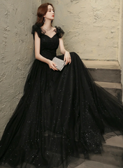 Black Tulle Beaded A-line Long Prom Dress, Short Sleeves  Party Dress