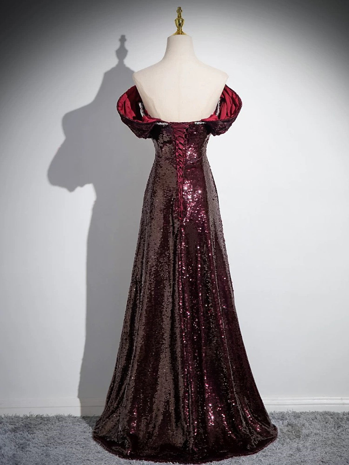 A-line Maroon Sequins Beaded Long Party Dress, Maroon Simple Prom Dress