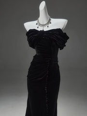 Black Velvet Mermaid Off Shoulder Long Evening Dress, Black Velvet Prom Dress Party Dress