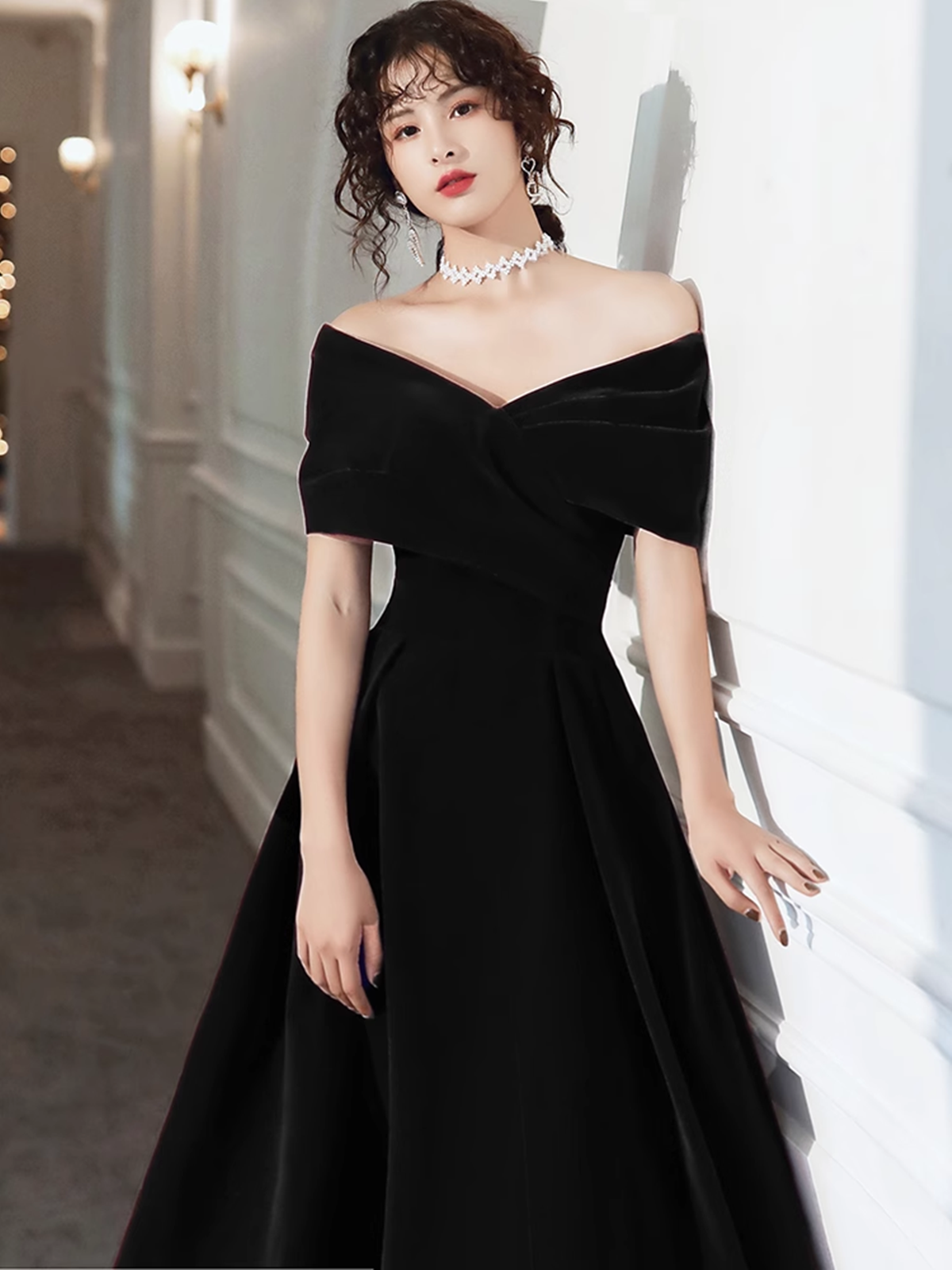 Black Velvet Tea Length Off Shoulder Party Dress, Black Short Homecoming Dress