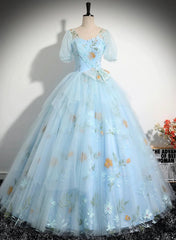Beautiful Blue Tulle Short Sleeves Sweet 16 Dress with Bow, Blue Formal Gown