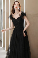 Black Tulle Sweetheart Long Party Dress, Black Beaded Tulle Formal Dress Prom Dress