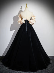 A-line Black Velvet Pearls Off Shoulder Party Dress, Black Velvet Prom Dress
