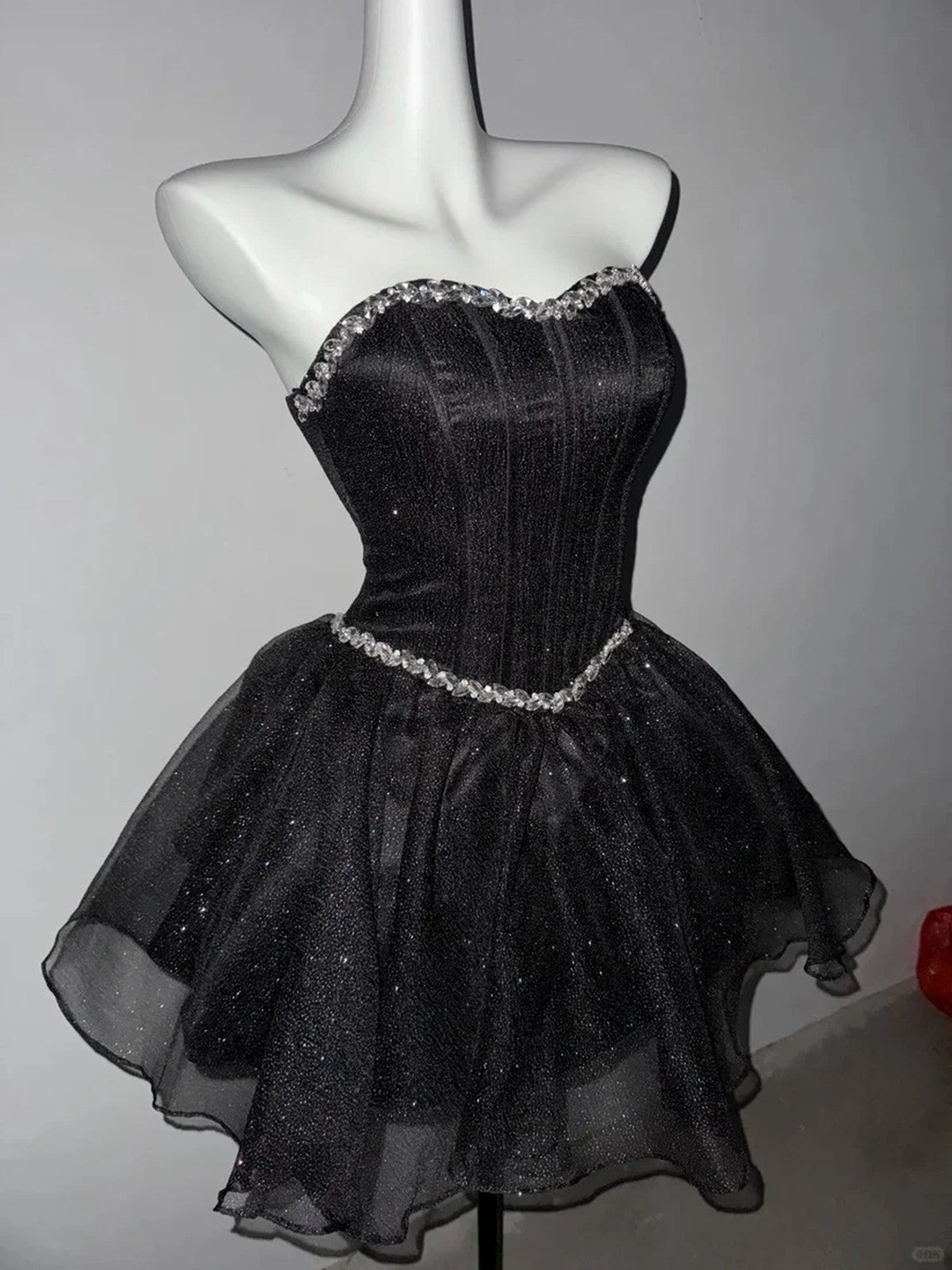 Black Tulle Beaded Sweetheart Lace-up Short Prom Dress, Black Shiny TullE Homecoming Dress