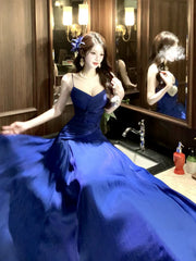 Blue Chiffon A-line Floor Length Evening Dress, Blue Long Straps Prom Dress Formal Dress