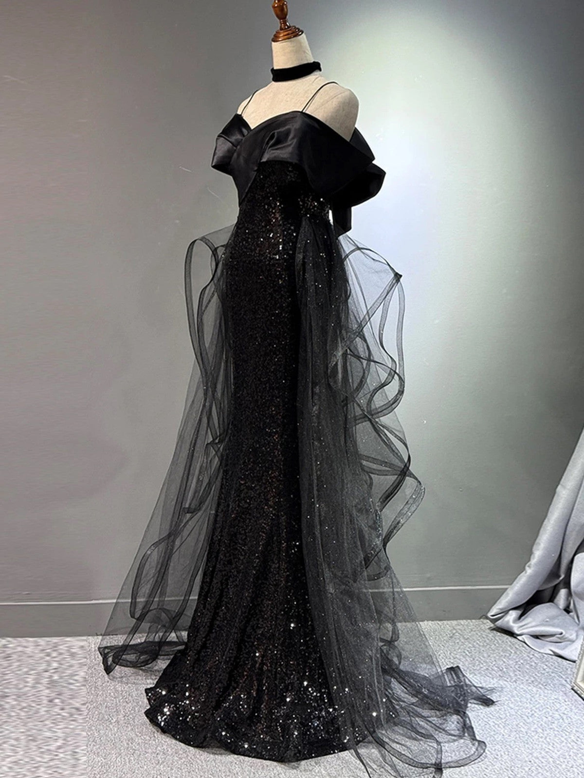 Black Tulle and Sequins Off Shoulder Long Evening Dress, Black Off Shoulder Formal Dress Prom Dress