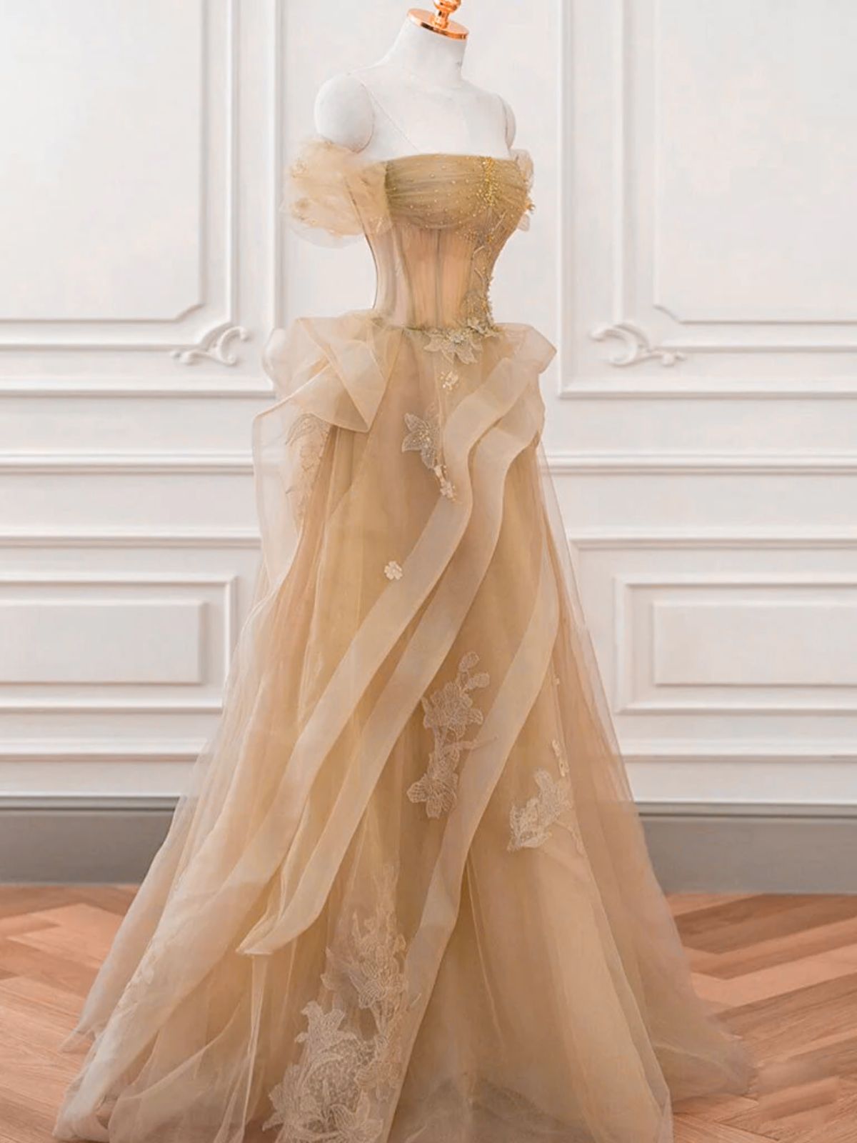 A-line Champagne Tulle with Lace Applique Prom Dress, Champagne Long Party Dress