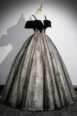 Black Off Shoulder Tulle with Lace Long Formal Dress, Black Sweet 16 Dress