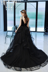Black Straps V-neckline Tulle Long Party Dress, Black Low Back Prom Dress Formal Dress