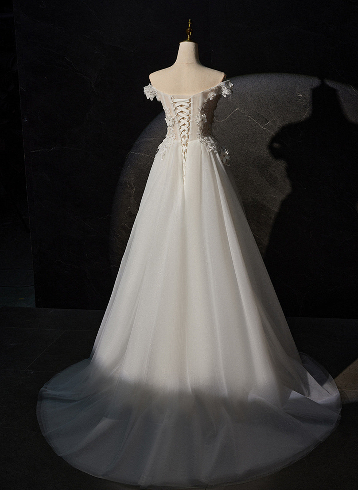 A-line Off Shoulder White Flowers and Tulle Party Dress, White Long Formal Dress Prom Dress