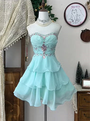 A-line Blue Chiffon Beaded Sweetheart Homecoming Dress, Blue Layers Short Party Dress