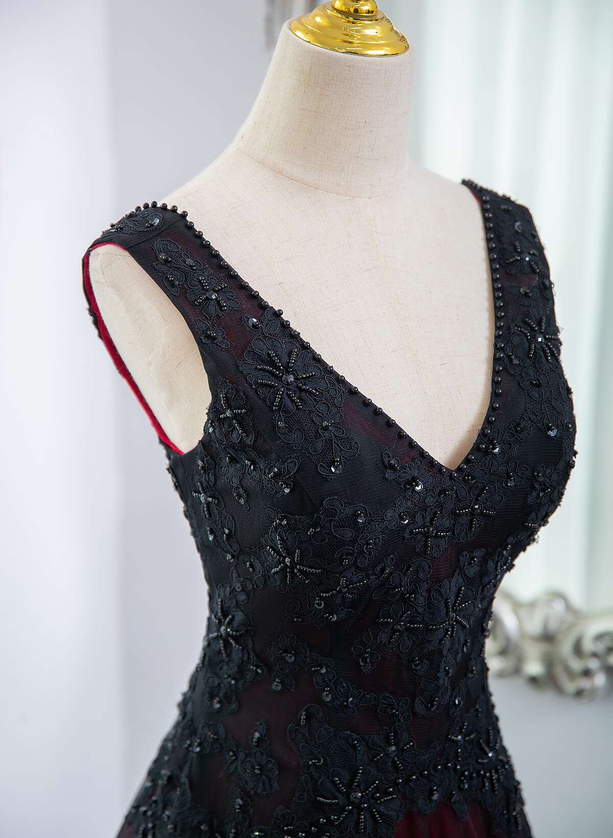 Beautiful Black and Red V-neckline Tulle Beaded Formal Dress, A-line Prom Dress