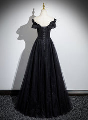 Black Off Shoulder A-line Tulle with Lace Party Dress, Black Long Prom Dress