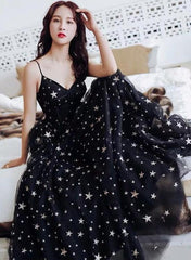 Black V-neckline Tulle Straps Low Back Long Evening Dress Prom Dress, Black Formal Dresses