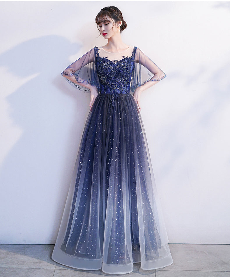 Blue Gradient Long Formal Dress with Puffy Sleeves, A-line Tulle Blue Prom Dress Bridesmaid Dresses