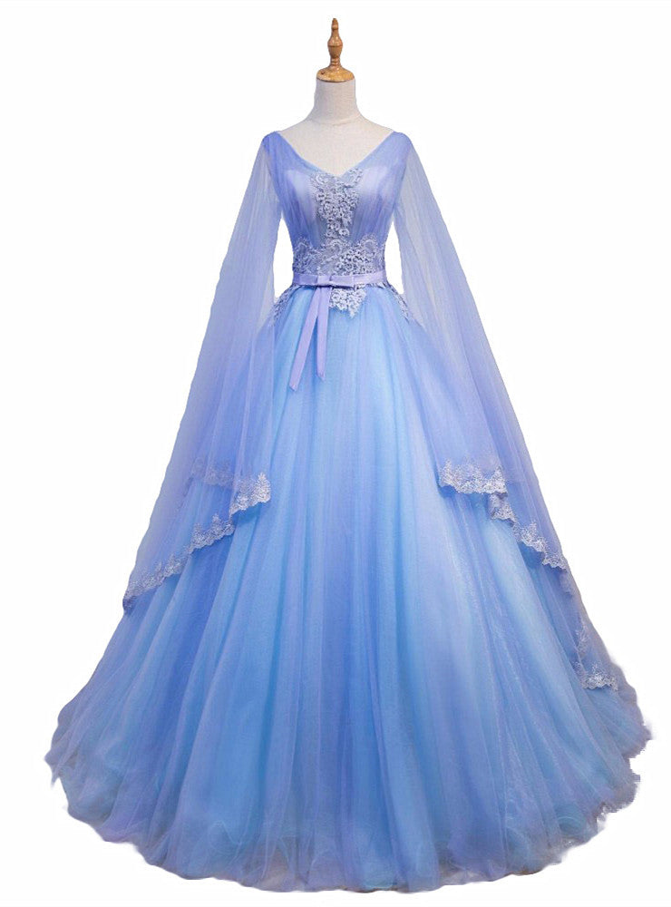 Beautiful Blue V-neckline Prom Dress with Long Sleeves, Lace Applique Party Dress For Teen