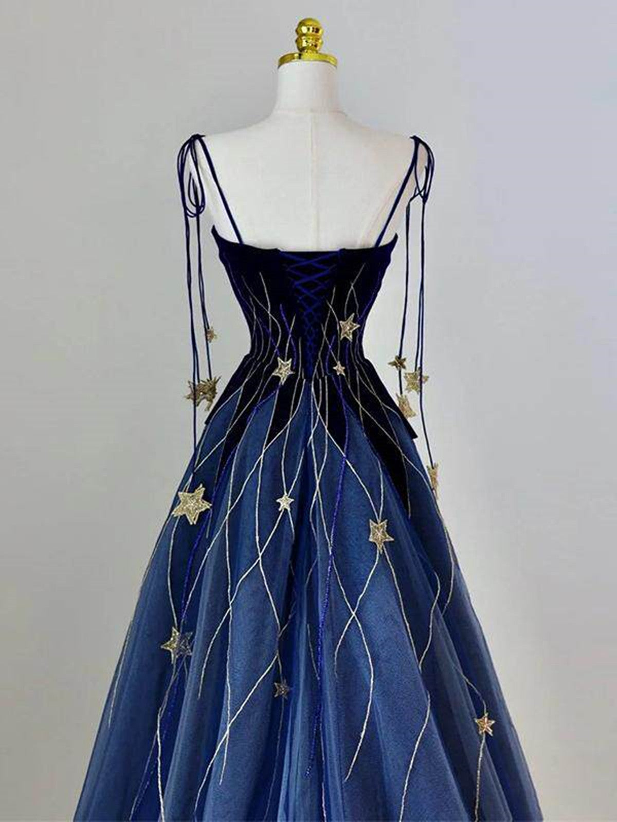 Blue A-line Velvet and Tulle Long Party Dress withEmbroidered Gold Star, Blue Long Formal Dress