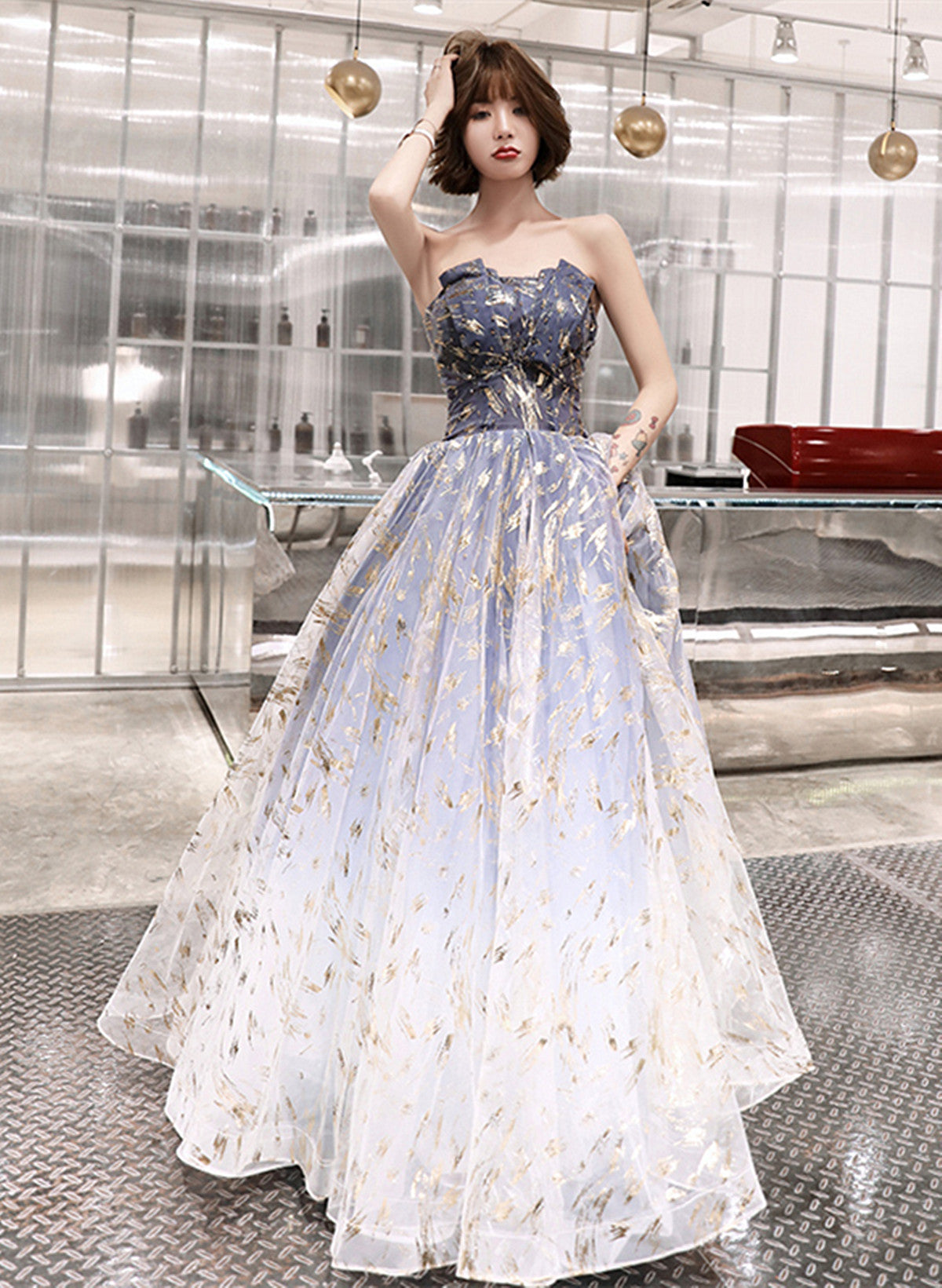 Blue Cute Tulle Gradient Long Party Dress, A-line Blue Prom Dress Evening Dress