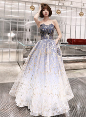 Blue Cute Tulle Gradient Long Party Dress, A-line Blue Prom Dress Evening Dress