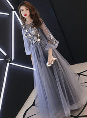 A-line Puffy Long Sleeves Flowers Tulle Party Dress, Tulle Floor Length Prom Dress