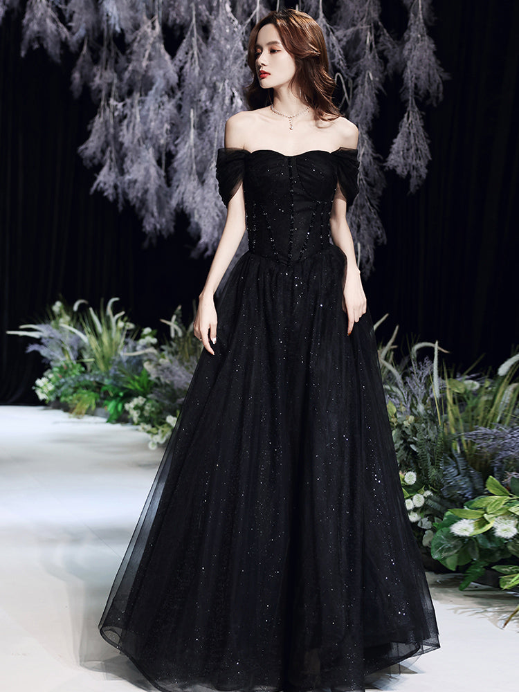 Black Off Shoulder Tulle Long Party Dress Prom Dress, Black Beaded Evening Dresses