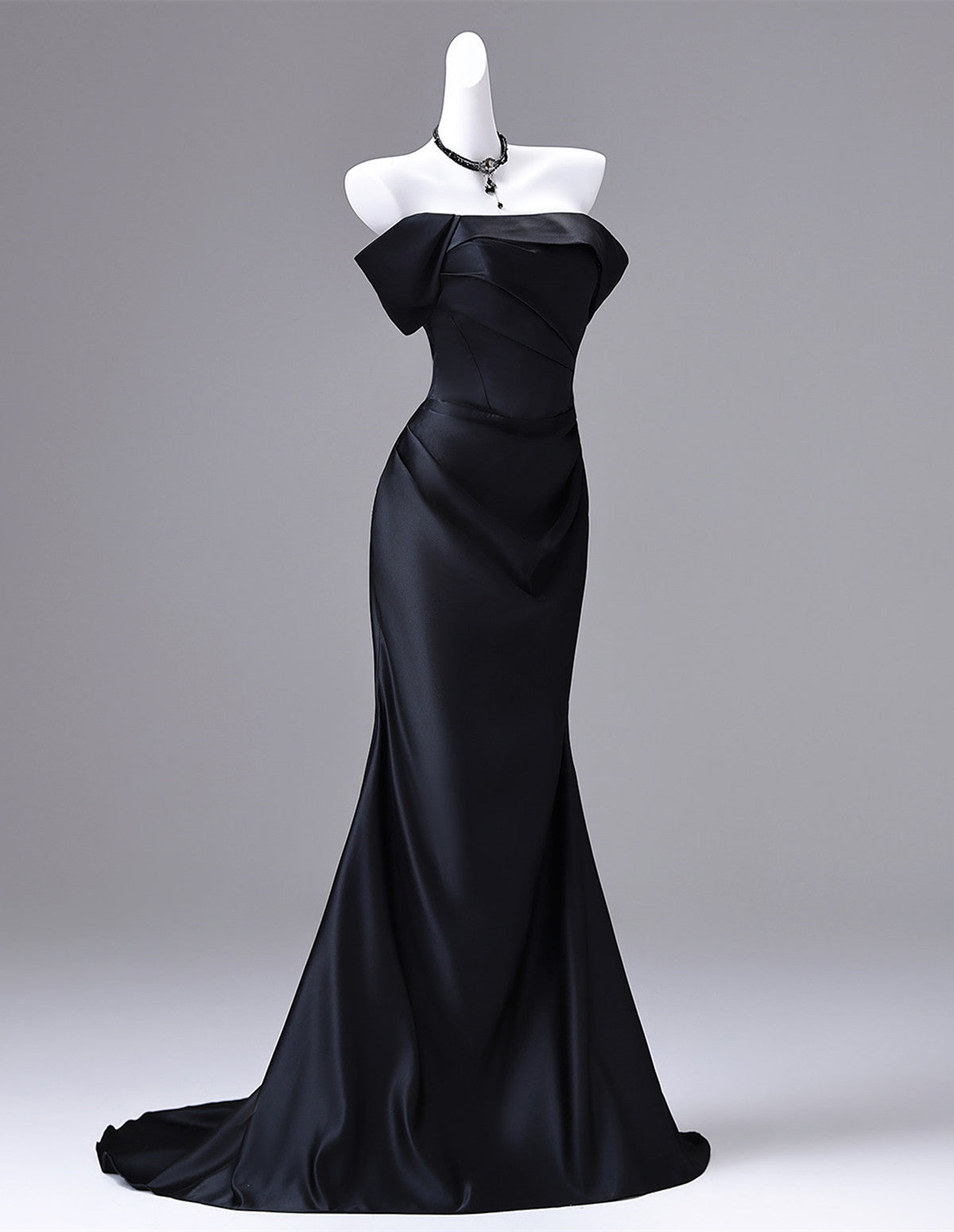 Black Satin Long Off Shoulder Mermaid Party Dress, Black Simple Evening Dress Formal Dress