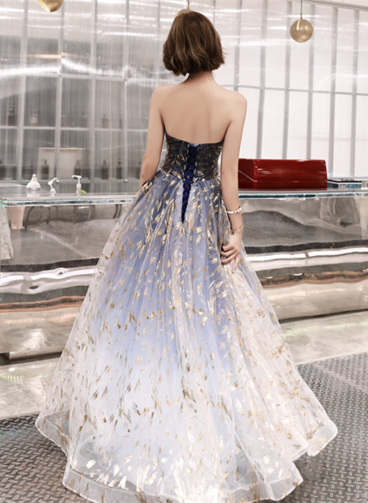 Blue Cute Tulle Gradient Long Party Dress, A-line Blue Prom Dress Evening Dress
