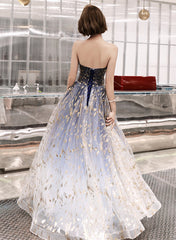 Blue Cute Tulle Gradient Long Party Dress, A-line Blue Prom Dress Evening Dress
