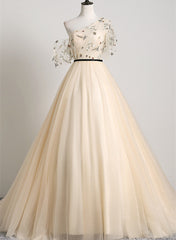 A-line Champagne One Shoulder Prom Dress, Long Party Dress