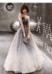 Blue Cute Tulle Gradient Long Party Dress, A-line Blue Prom Dress Evening Dress