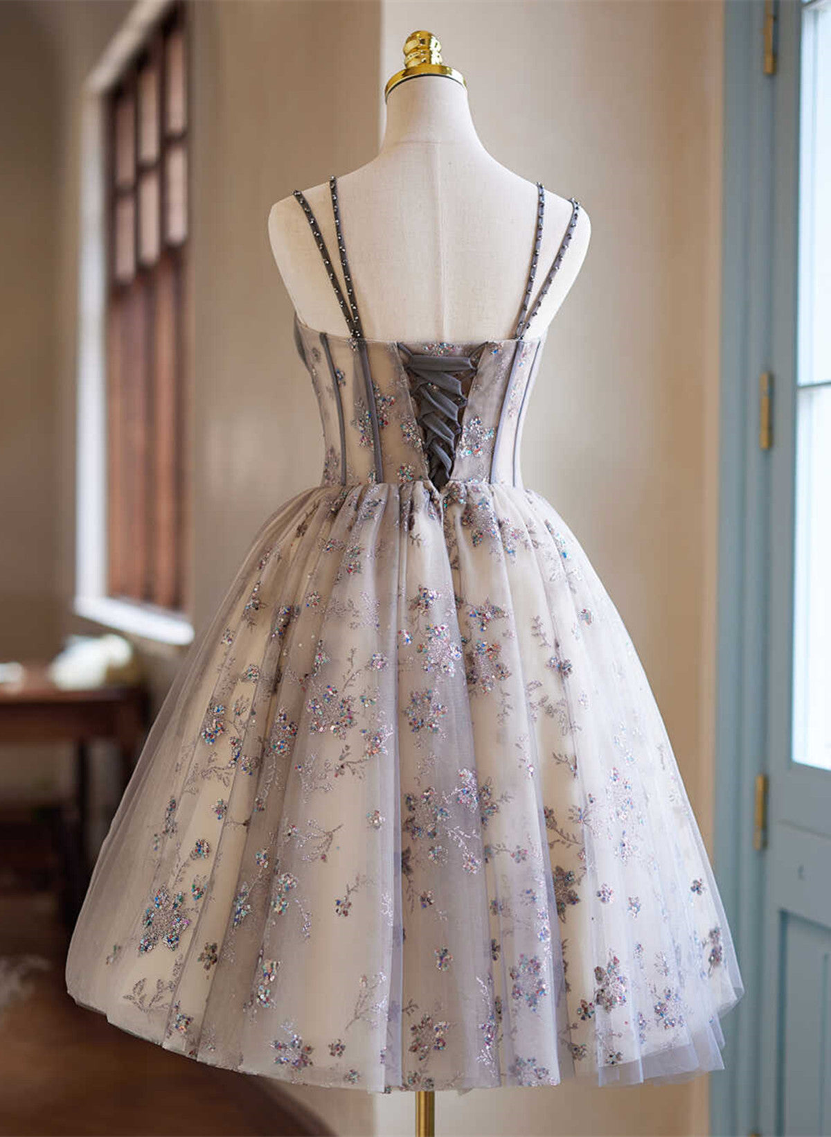 A-Line Tulle Beaded Short Party Dress, Tulle Sweetheart Homecoming Dress