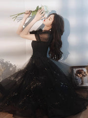 Black Sweetheart Tulle Beaded Short Homecoming Dress, Black Tulle Short Prom Dress