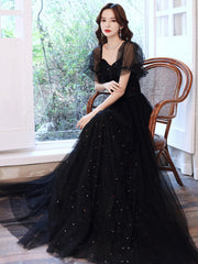 Black Off Shoulder Tulle Long Party Dress, Black A-line Long Prom Dress