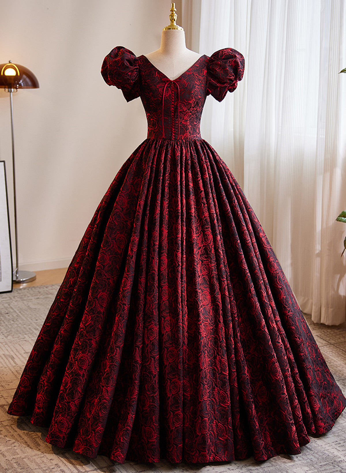 A-line Black and Red Lace Short Sleeves Party Dress, Black and Red Long Formal Dress