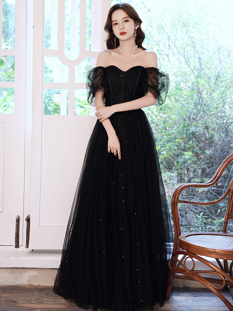 Black Off Shoulder Tulle Long Party Dress, Black A-line Long Prom Dress
