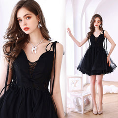 Black V-neckline Straps Short Party Dress, Black Tulle Homecoming Dress