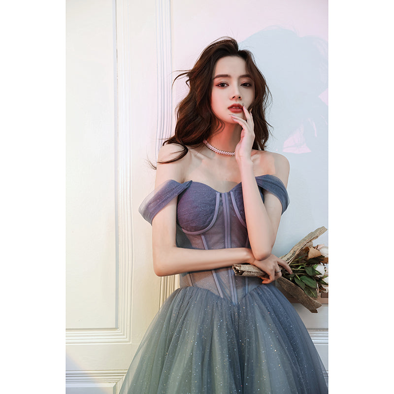 Beautiful Grey Tulle Off Shoulder Long Prom Party Dress, Grey Evening Dresses