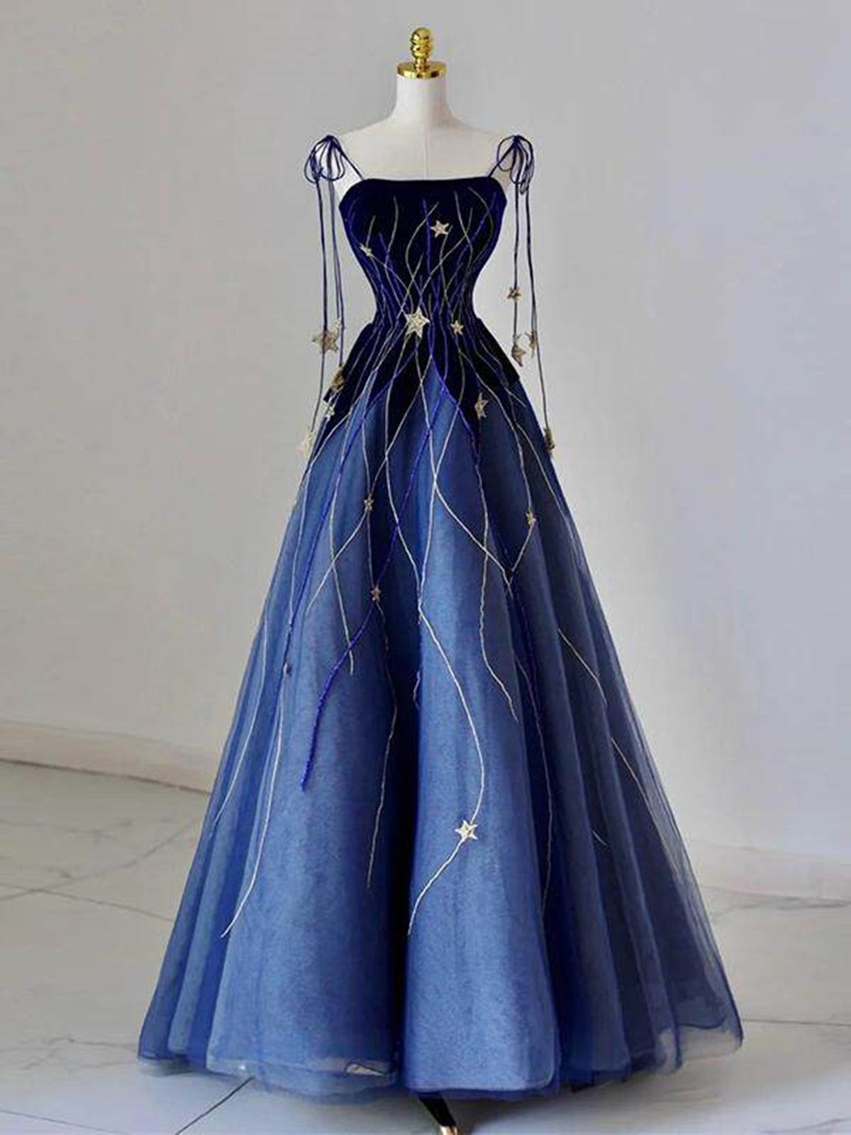 Blue A-line Velvet and Tulle Long Party Dress withEmbroidered Gold Star, Blue Long Formal Dress