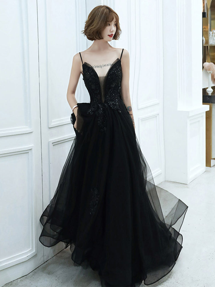 Black V-neckline Tulle with Lace Applique Long Prom Dress, Black Evening Dress