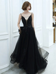 Black V-neckline Tulle with Lace Applique Long Prom Dress, Black Evening Dress