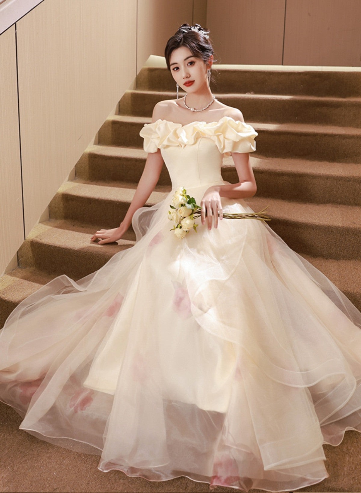 A-line Light Champagne Off Shoulder Prom Dress, Off Shoulder Evening Dress