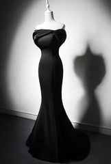 Black Mermaid Satin Off Shoulder Evening Dress, Black Satin Prom Dress
