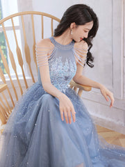 Blue Beaded and Lace Applique Long Party Dress, Blue Formal Dresses