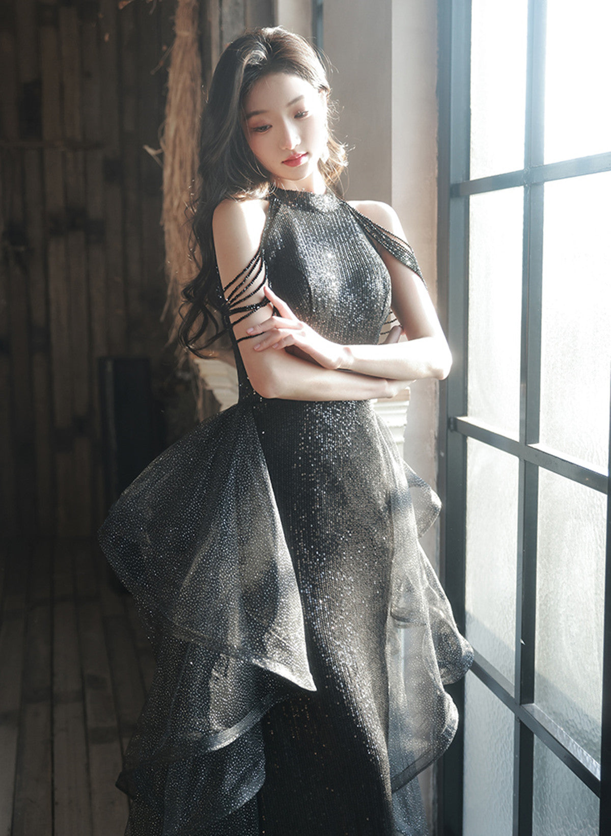 Black Halter Sequins and Tulle Long Party Dress, Black Chic Party Dress Prom Dress