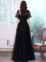 Black Off Shoulder Tulle Long Party Dress, Black A-line Long Prom Dress