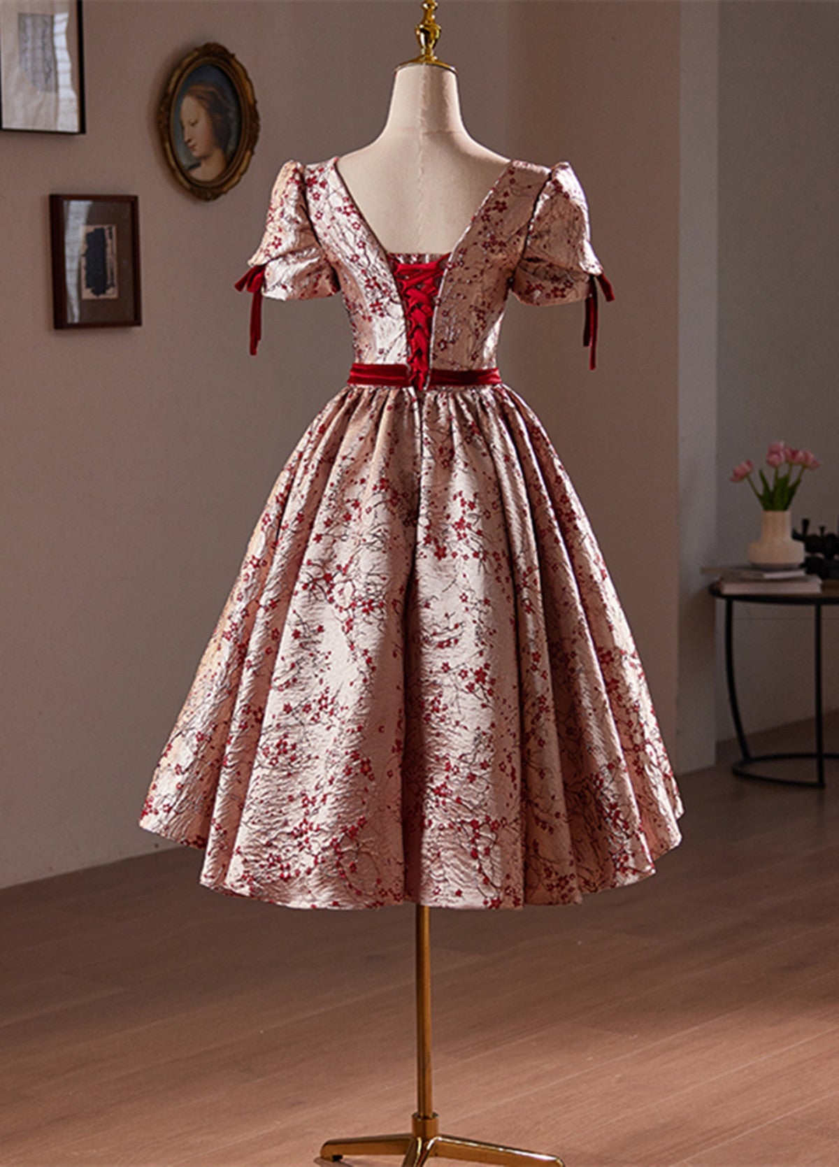 Beautiful Short Floral Satin Party Dress Homecoming Dress, Satin Evening Dress