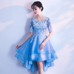 Blue High Low Tulle Party Dress , Cute Tulle Formal Dress with Lace Applique
