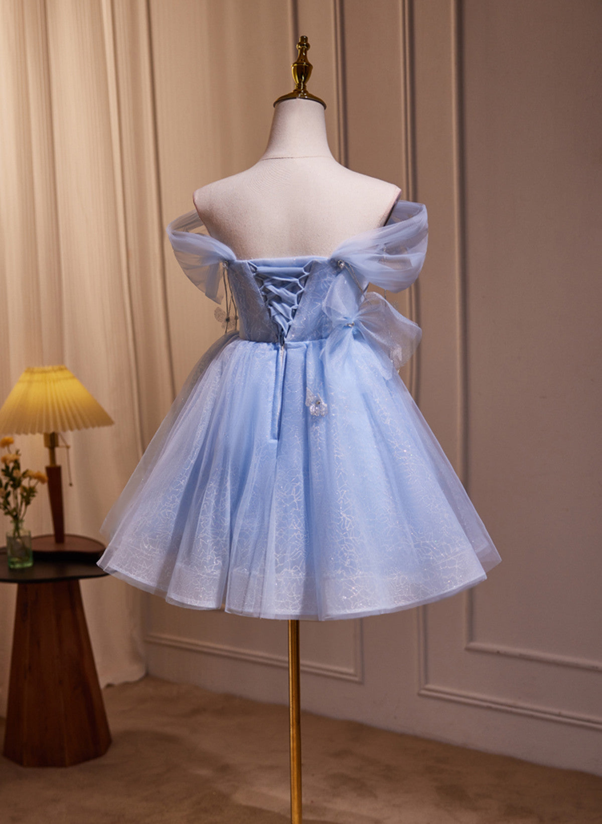 A-line Blue Short Off Shoulder Knee Length Homecoming Dress, Blue Short Prom Dress
